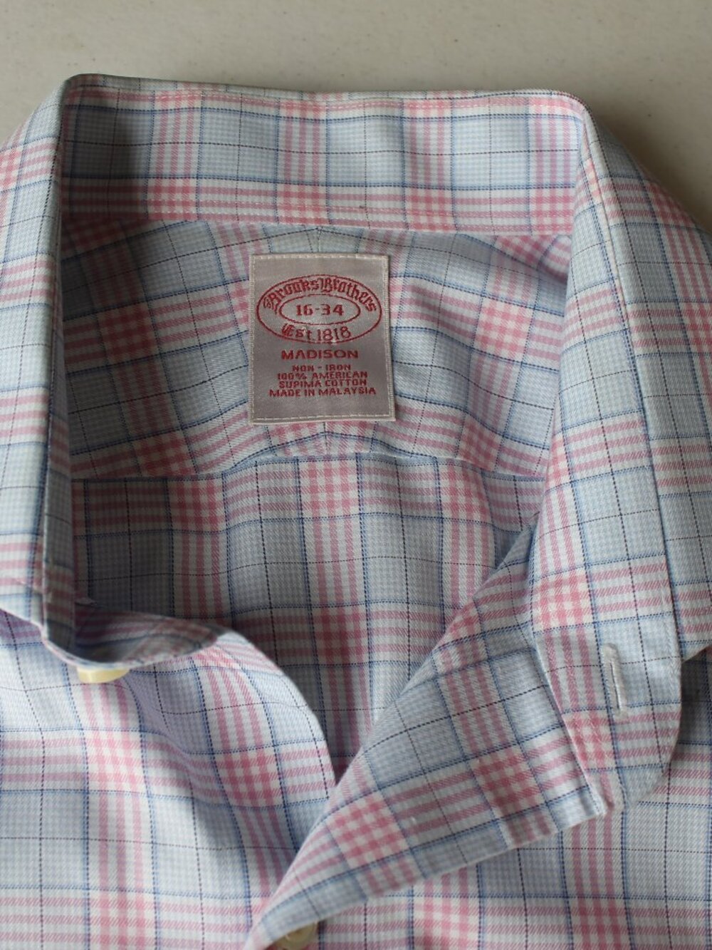 Brooks Brothers Shirt Mens 16 34 Madison Fit Pink Blue Plaid Non Iron Cotton LS